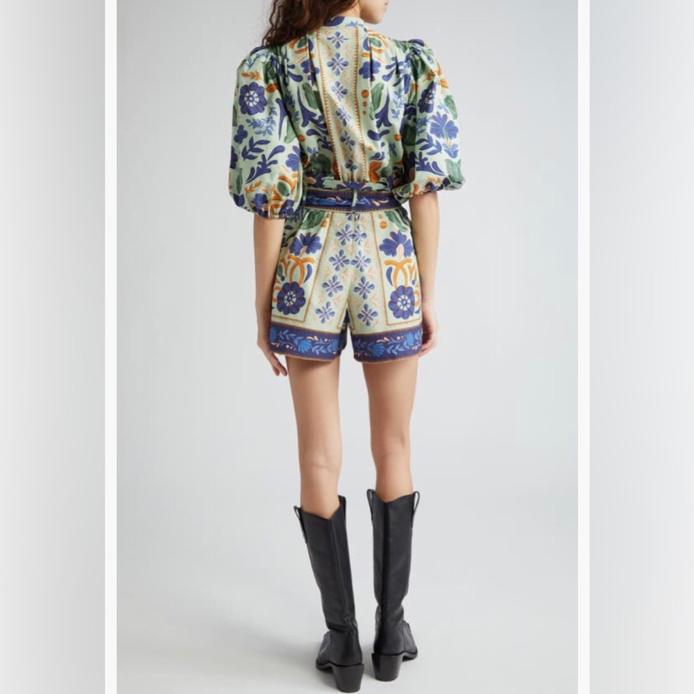 NWT $200 FARM Rio Ocean Tapestry Puff Sleeve Cotton Romper in Medium! - Picture 2 of 6